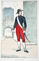 Oficial de Paz (1802). Aguafuerte en colores, para ilustración 