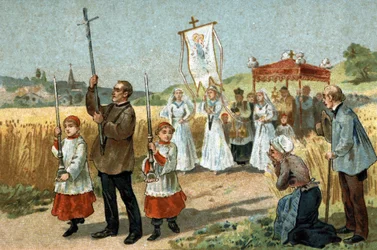 Antigua costumbre celebrada en la región de Berry: la procesión en el trigo. Fiesta religiosa. Cromolitografía de finales del siglo XIX.