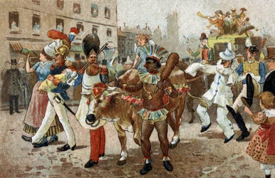 Antigua costumbre celebrada en la región de Île de France: La procesión del buey gras en 1830. Cromolitografía de finales del siglo XIX
