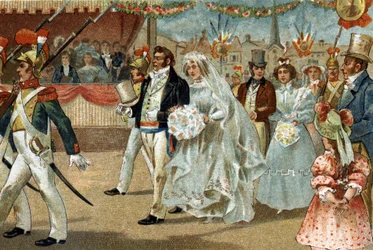 Antigua costumbre celebrada en la región de Île de France: la Rosière de Nanterre. Cromolitografía de finales del siglo XIX.