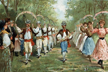 Antigua costumbre celebrada en la región de Languedoc: la danza de las trellas. Cromolitografía de finales del siglo XIX.