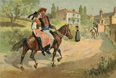 Antigua costumbre celebrada en la región de Provenza: la asamblea de los camargueses. Cromolitografía de finales del siglo XIX