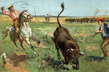 Antigua costumbre celebrada en la región de Provenza: la ferrade en la Camarga. Cromolitografía de finales del siglo XIX
