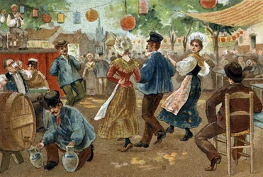 Antigua costumbre celebrada en la región de Flandes: Feria flamenca. Cromolitografía de finales del siglo XIX
