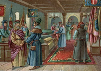 Antiguos centros comerciales: mercado de lino en Brujas, Bélgica en el siglo XV. Cromolitografía de finales del siglo XIX