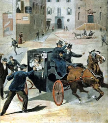 El 16 de junio de 1894, en Roma, el anarquista Paolo Lega disparó un revólver a Francesco Crispi, Presidente del Consejo Italiano. Ilustración de la época