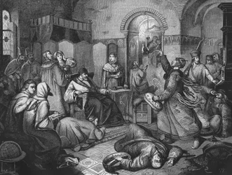 En el último día de Iván IV el Terrible (1530-1584), zar y gran príncipe de Rusia, junto a él su hermosa hija. Grabado de 1860