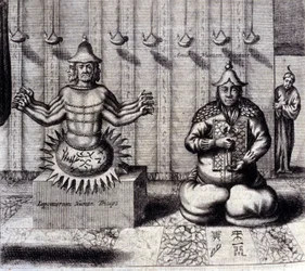 A la izquierda, deidad hindú con ocho brazos, a la derecha Amida, Buda japonés. “De China Monumenta” de Athanasius Kircher (1601 - 1680), jesuita, orientalista y erudito alemán, Ámsterdam 1667.