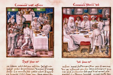 A la izquierda la fiesta de Asuero I (Jerjes I). A la derecha, la fiesta de los hijos de Job. Miniatura del manuscrito “El Espejo de la salvación humana” siglo XV Chantilly, museo Condé