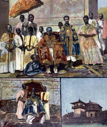 Arriba está la Emperatriz Taitou de Etiopía, esposa de Menelik II y su séquito. Abajo a la izquierda está su hija, la futura Reina Zaouditou (1876 - 1930). A la derecha, el Palacio Imperial Ghebi en Addis Abeba. Ilustración para la prensa de finales del si