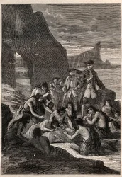 Uno de ellos descuartizado con los dientes: Vicealmirante John Byron (1723-1786) en una de las islas del Estrecho de Magallanes - los fueguinos (habitantes de Tierra del Fuego) descuartizan con sus dientes una ballena que había sido arrastrada y petrificad