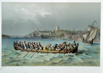 Imperio Otomano: barco ómnibus en Constantinopla (Estambul). Litografía del siglo XIX. Artes Decorativas, París