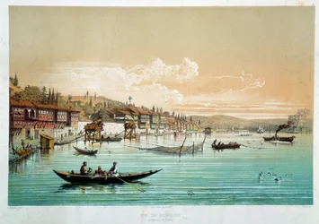 Imperio Otomano: vista del Bósforo en las cercanías de Bebek en Turquía. Escenas de pesca. Grabado del siglo XIX
