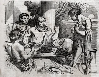 Escena de banquete al aire libre - Vitelio (Aulo Vitelio Germánico Emperador Augusto) emperador romano (15-69) dando un banquete - grabado en “La Salud Universal - Guía Médica para Familias” 1852.