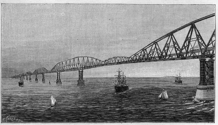 Vista general del Puente sobre el Canal, proyecto de un puente que cruza el Canal para conectar Francia con Inglaterra. Grabado en "La Nature. Revue des sciences et de ses aplicaciones aux arts et a l