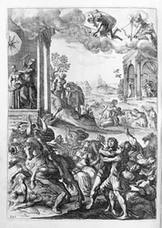Ovidio - ilustración para el libro 15 - (P. Ovidii Nasonis Metamorphose libri XV um notis TH. Farnabii.) nota de Thomas Farnaby (Farnabia) (1575-1647)