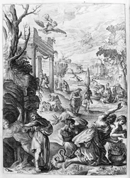 Ovidio - ilustración para el libro 15 - (P. Ovidii Nasonis Metamorphose libri XV con notas de TH. Farnabii.) nota de Thomas Farnaby (Farnabia) (1575-1647)