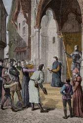 PERKIN WARBECK (c1474-1499) impostor flamenco; profesó ser Ricardo, Duque de York, segundo de los hijos de Eduardo IV - Leyendo su confesión fuera del Westminster Hall, Londres
