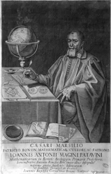Padova Giovanni Luciano Magini, matemático y astrónomo del siglo XVI-XVII en su oficina con dispositivos astronómicos. Grabado 1617