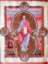 Página de la Biblia del Emperador: Cristo rodeado por el tetramorfo, entre el emperador Enrique III y su esposa Inés de Poitou