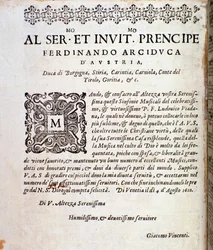 Página de dedicatoria a Fernando de Austria en la partitura musical de Sinfonie musicali de Ludovico Viadana