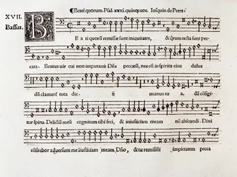 Página de partitura musical de Beati quorum psalm XIII de Willaert (1538)