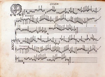 Página de la partitura de Harmonice Musices Odhecaton de Ottaviano Petrucci (1501)