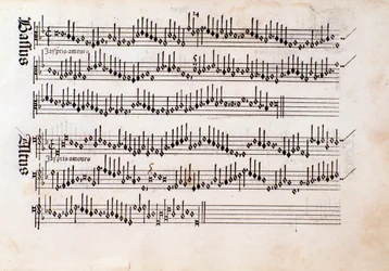 Página de la partitura de Harmonice Musices Odhecaton de Ottaviano Petrucci (1501)