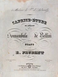Página de la partitura de un Capricho-estudio para piano de Emile Prudent basado en La sonnambula de Vincenzo Bellini