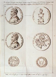 Página con retratos de Il melone, discurso armónico (manuscrito)