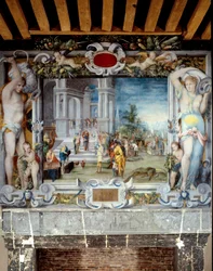 Parte superior de la chimenea pintada de la sala de armas que representa a Salomón y la Reina de Saba
