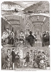 Vida en el vagón-palacio en el Ferrocarril del Pacífico, grabado s. XIX.