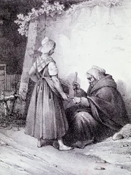 Quiromancia: una vieja adivina lee la mano de una joven (Grabado)