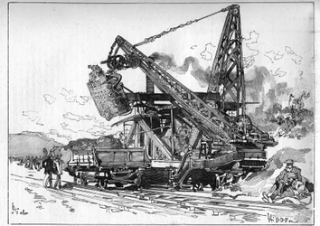 Obras del Canal de Panamá. Máquinas principales: excavadora Osgood. Grabado en "Le Monde Illustré"