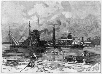 Obras del Canal de Panamá. Máquinas principales: una draga y su válvula. Grabado en "Le Monde Illustré"