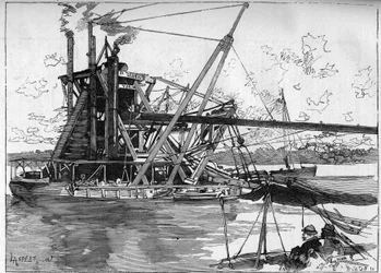 Obras del Canal de Panamá. Máquinas principales: la gran draga americana. Grabado en "Le Monde Illustré"