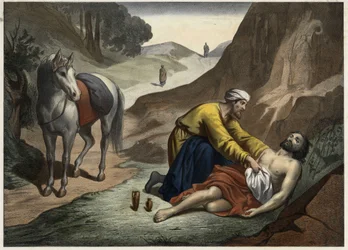 Parábola del buen samaritano - El samaritano se detuvo en su camino para rescatar al hombre moribundo. Grabado anónimo de mediados del siglo XIX.
