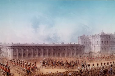Desfile con Alejandro II frente al Palacio Anetchkoff en San Petersburgo en 1856