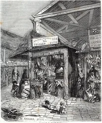 París 3er arrondissement - Carre de la Foret-Noire: venta de cuero y zapatos en Le Carreau du Temple en el siglo XIX - Grabado en “Tableau-de-Paris” de Edmond Texier