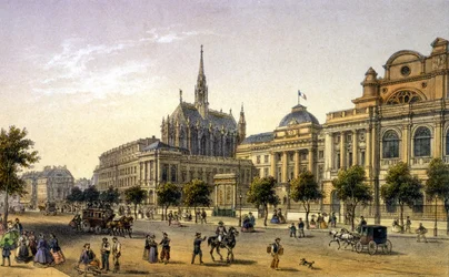 París: vista del Palacio de Justicia, grabado primera mitad del siglo XIX