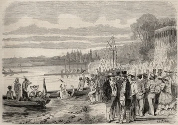 Piragüistas parisinos. Regatas de Saint-Cloud en 1857. Grabado en “Le Monde illustré” de 1857. Colección privada.