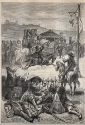 Tiro al loro - Ilustración del siglo XIX para la novela histórica “Los puritanos de Escocia” (Old Mortality) de Walter Scott (1771-1832)