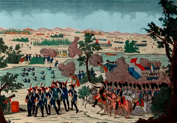 Paso del Mincio el 11 de Prairial año IV (20 de diciembre de 1800) por los granaderos franceses. Bajo la mirada de Bonaparte General en Jefe - Grabado - 1800 - La Batalla de Pozzolo (también conocida como la Batalla del Río Mincio, y Monzambano) - El paso