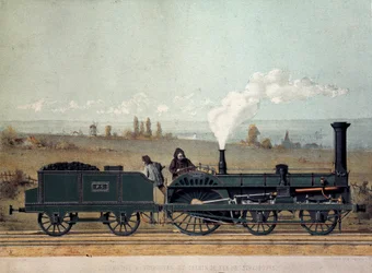 Locomotora de pasajeros y vagón de carbón del Ferrocarril de Estrasburgo (sistema Crampton)