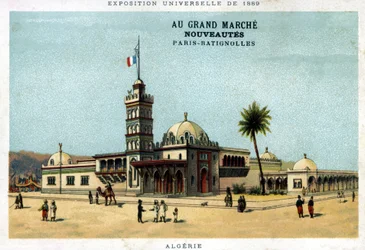 Pabellón de Argelia durante la Exposición Universal de 1889. Cartón publicado por el Gran Mercado Nuevos productos: París - Batignolles. Cromolitografía del siglo XIX