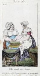 Vendedoras de guisantes: dos mujeres desgranando guisantes - en "Cris de Paris", principios del siglo XIX