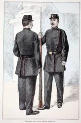 Guardianes de la paz (período de Lepine). Aguafuerte en colores, para ilustración “Historia del cuerpo de los guardianes de la paz” libro publicado bajo los auspicios de Louis Lepine (1846-1933) prefecto de policía de la Sena, por Alfred Rey y Louis Feron