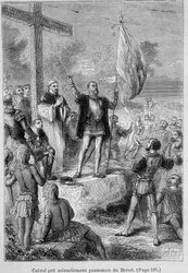 Pedro Álvarez Cabral, navegante portugués (1460-1526) tomando posesión de Brasil, que llamó Terra de Santa Cruz, alrededor de 1500. Grabado del siglo XIX
