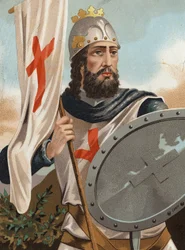 Pelayo de Asturias - Pelayo el Conquistador - Retrato de Pelayo, rey de Asturias y jefe de los visigodos (?, 718 en Cangas, 737). Según «Hombres y mujeres célebres». Barcelona 1877.