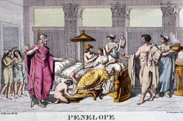 Penélope en su palacio. Grabado del siglo XIX